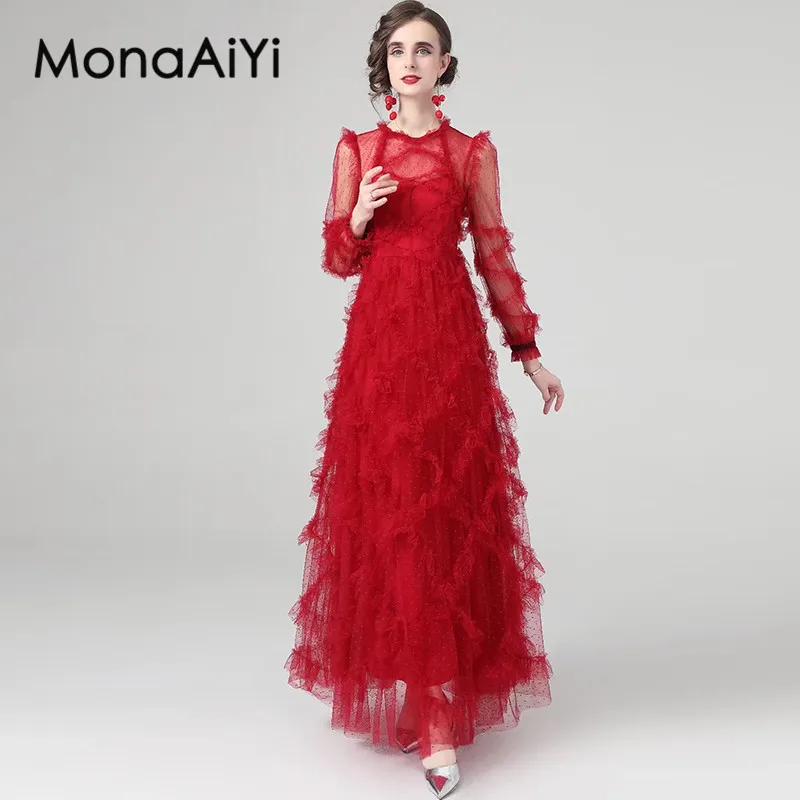 

MonaAiYi Autumn Women's Ball Gown Dress Long-Sleeved Mesh Splicing Edible Tree Fungus Edge luxury vintage Evening Dresses