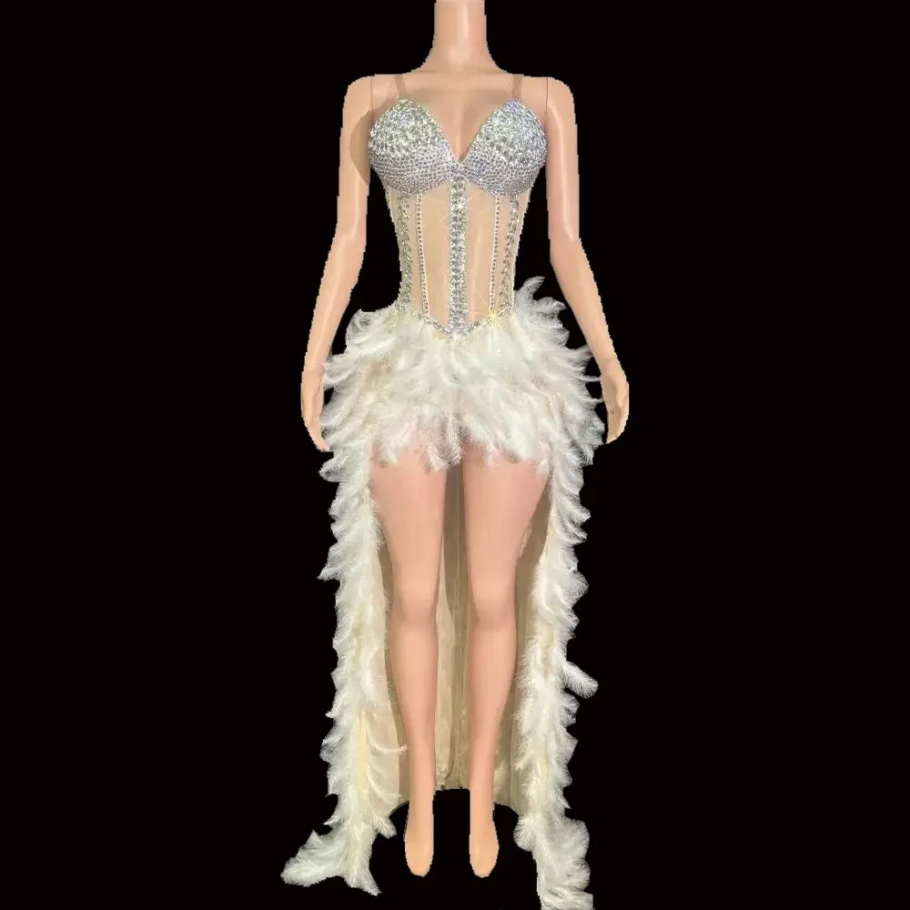 

Sexy Sparkly Rhinestones Slip Bodysuit Feathers Long Tail Dress Women Transparent Evening Celebrate Birthday Dress Stage Wear