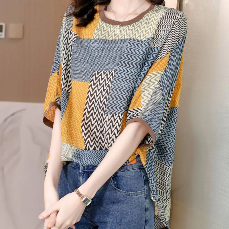 Fashion O-Neck Spliced Printed Irregular Blouse Women\'s Clothing 2024 Spring New Oversized Casual Pullovers Loose Commute Shirt