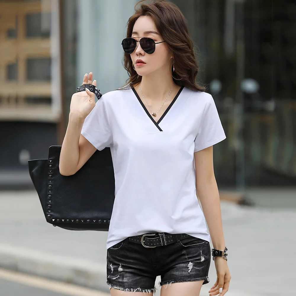 New Women V-Neck T-shirt Summer Fashion Short Sleeve Patchwork Neck Loose Cotton Tees Tops Casual Simplicity Violet T-shirt