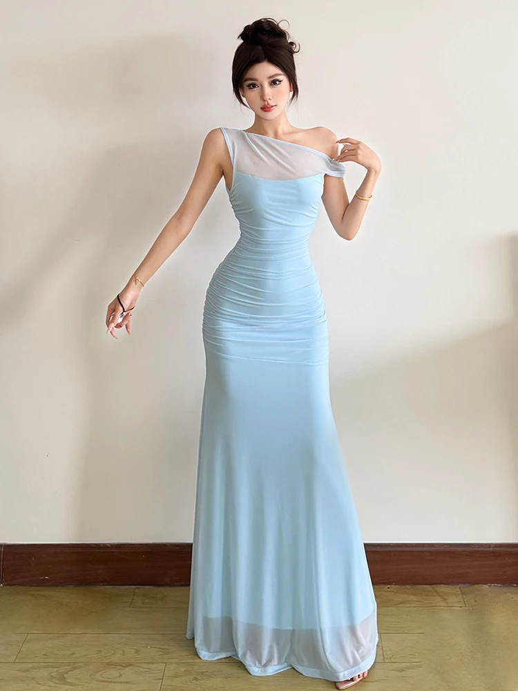 Nibber Chic Strandurlaub Elegantes Kleid Damen Sommer Schräger Kragen Gerafftes Patchwork Mesh Ärmellos Pfirsichfarbenes Hüftbetontes Langes Bodycon-Kleid