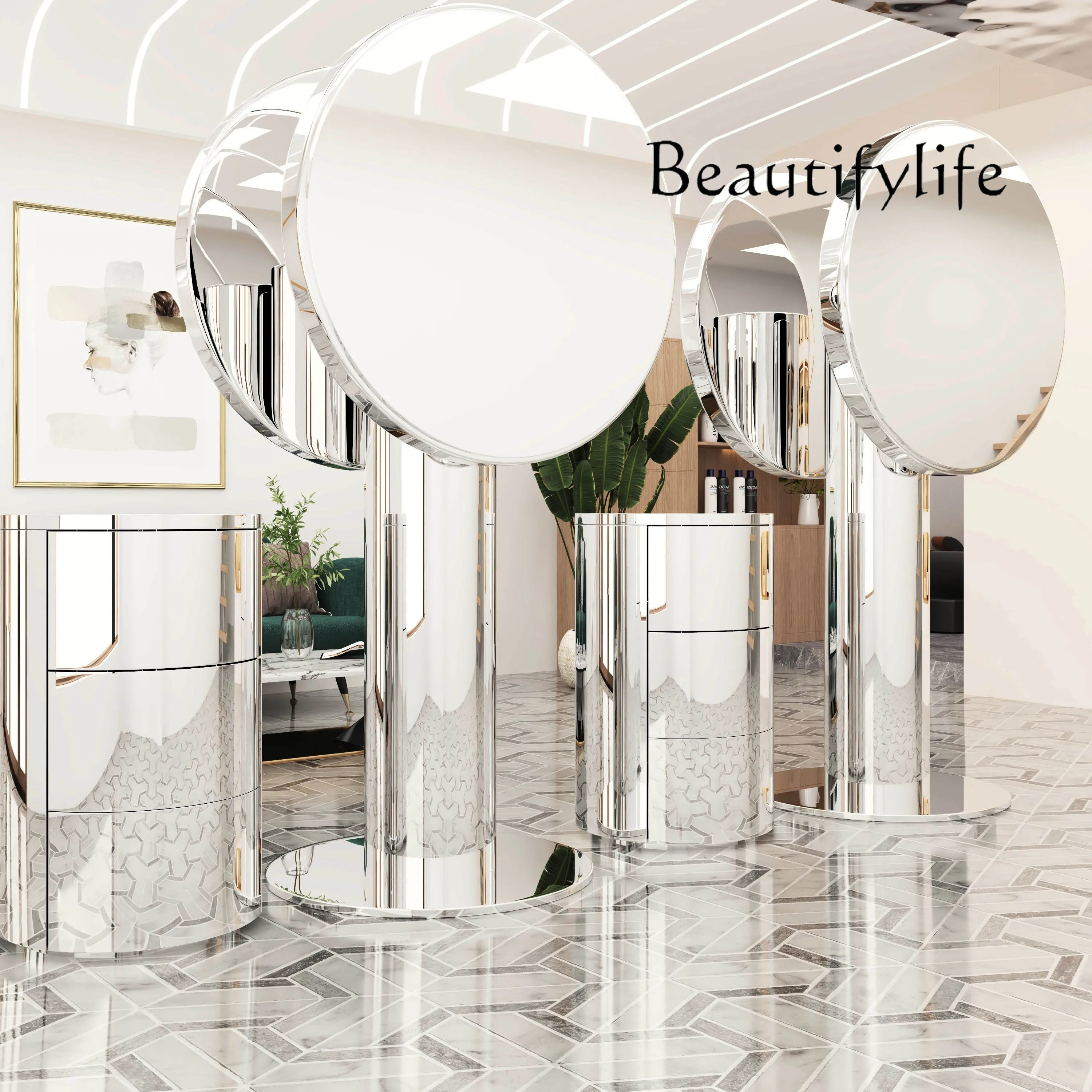 New high-end barber shop mirror table hairdressing VIP stainless steel floor perm and dye hair cutting mirror