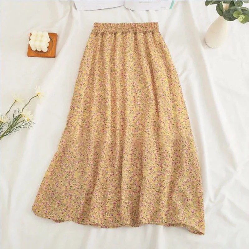2026 New Korean Retro Floral Midi Skirts for Women Spring Summer Elegant High Waist Casual Mid Length Women's Skirts