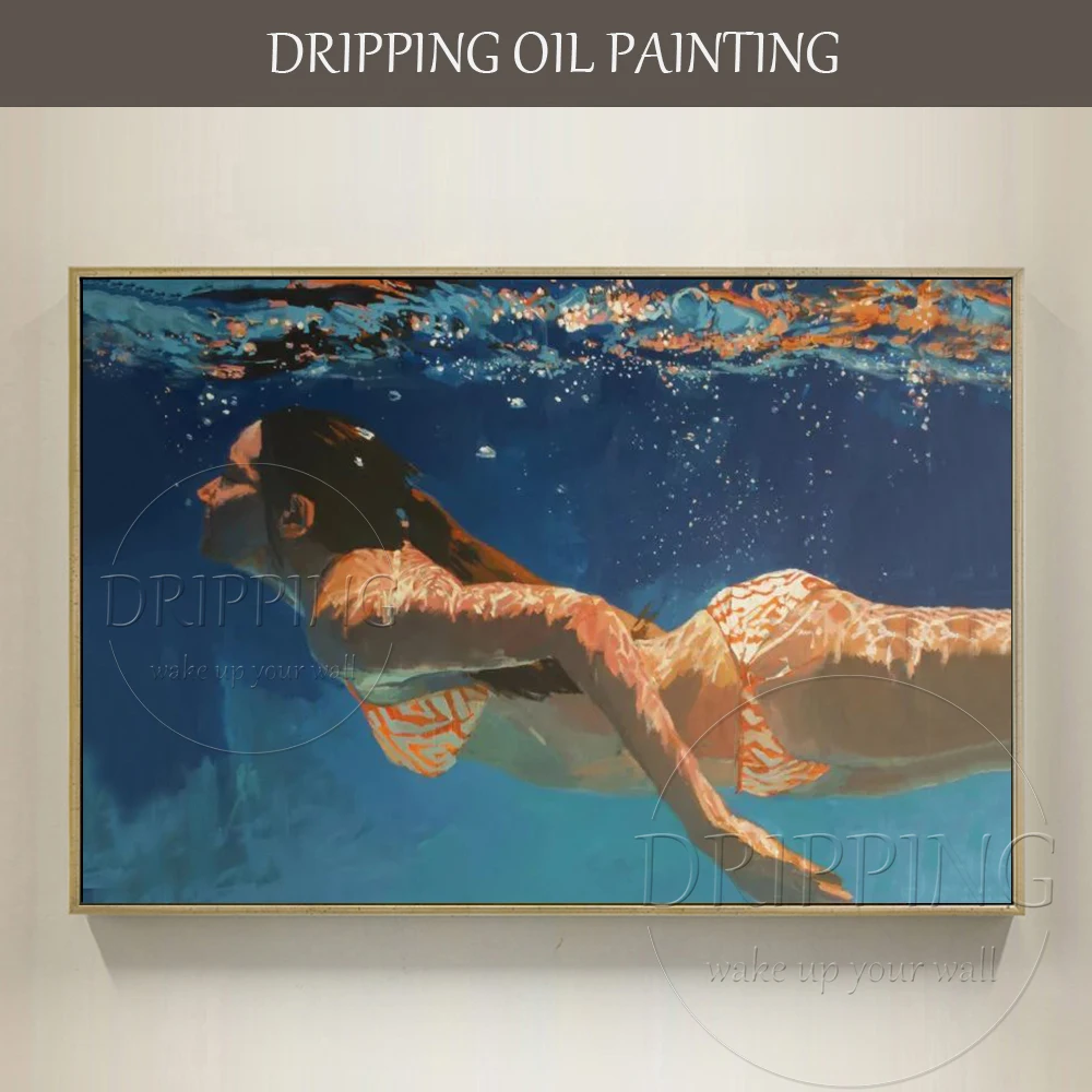 Hand-painted Swimming Lady Portrait Oil Painting on Canvas Beauty Wall Art Woman Play Water Acrylic Painting for Home Decoration