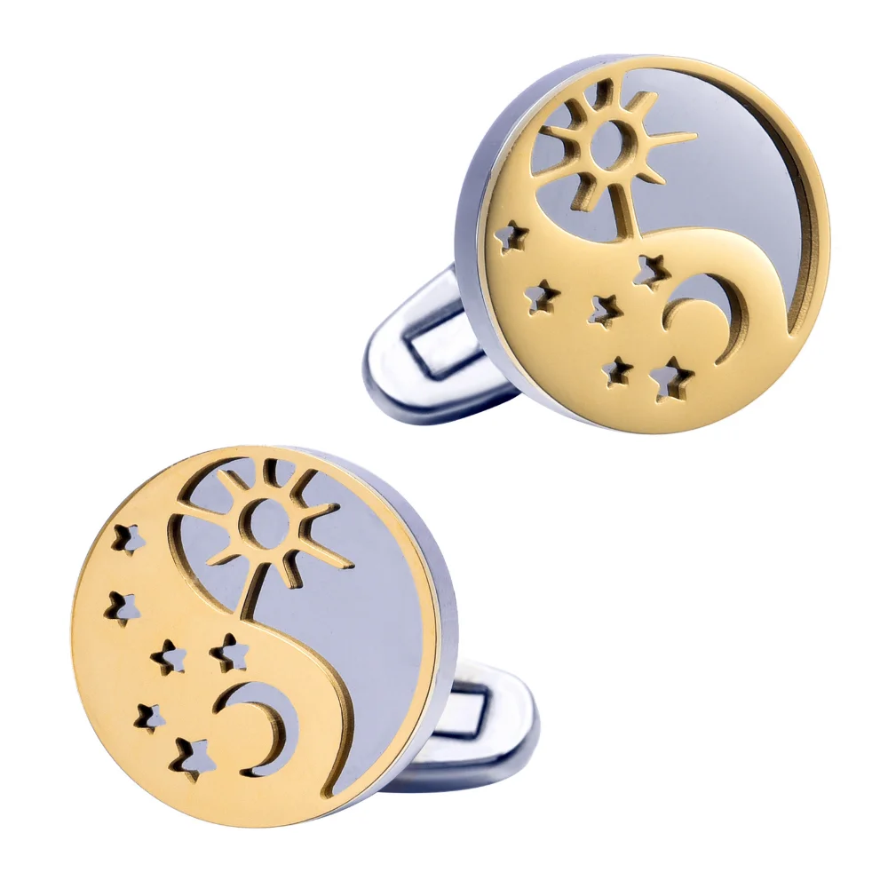 Tai Chi Sun Moon and Star Dual-Color Cufflinks Metal Hollow-out Men's Business Formal Wear Creative Cuff Accessory Collar Chain