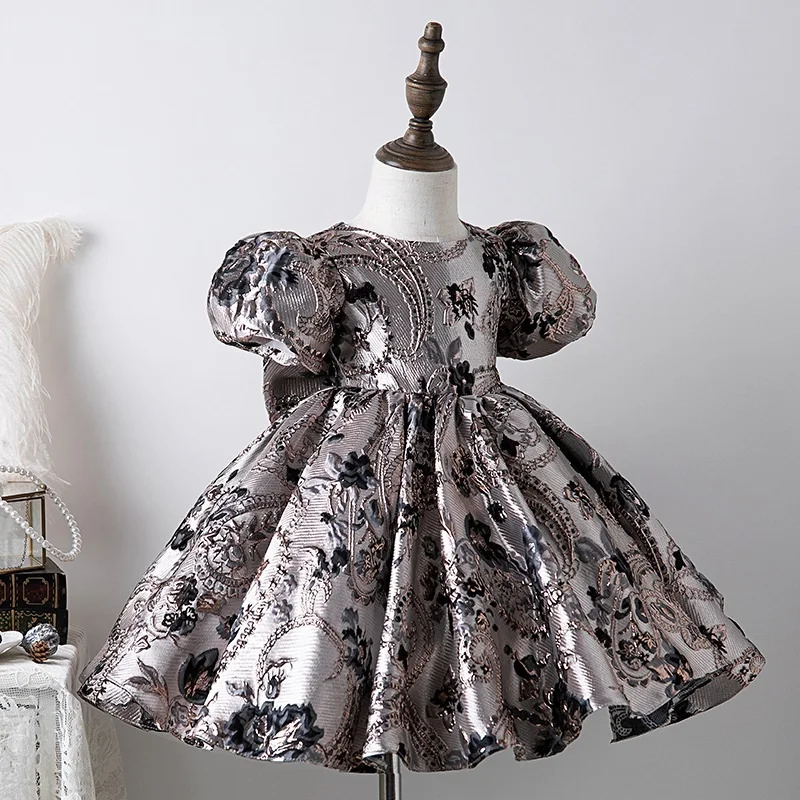 Baby Girl Princess Silk Dress Short Puff Sleeve Infant Toddler Vintage Big Bow Vestido Party Pageant Birthday Ball Gown 1-12Y