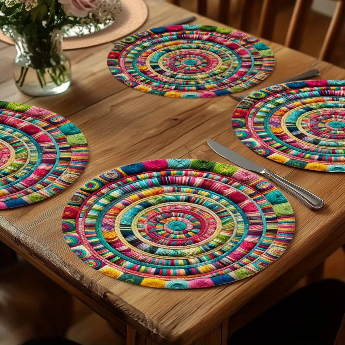 4-Pack colorful spiral table mat, modern design, perfect for home decoration, daily use, holiday occasions and banquets, size 15X15 inches, polyester material.