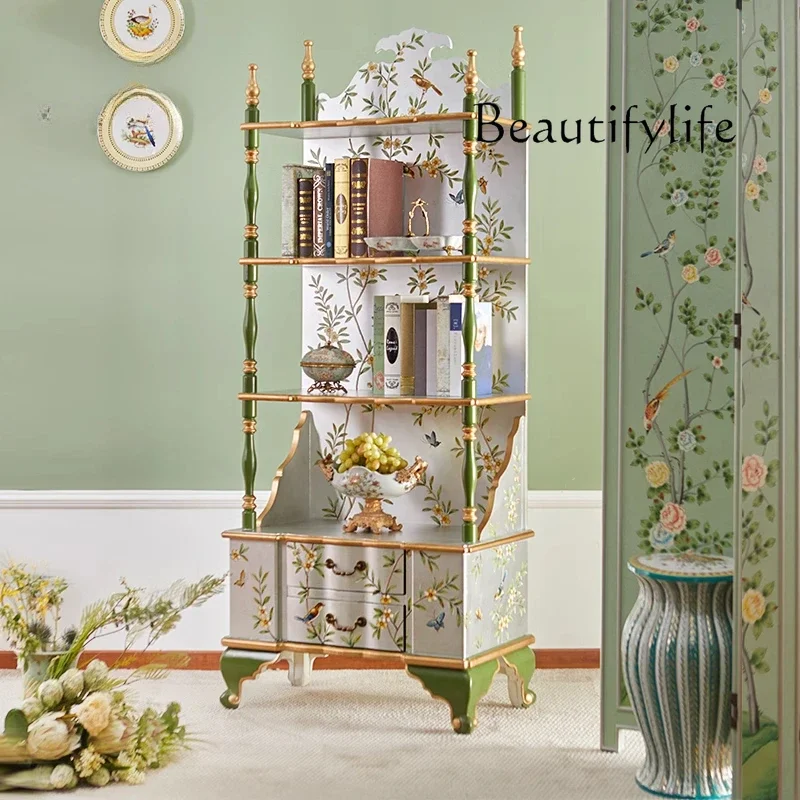 X35 Bookshelf Solid Wood Hand-painted Display Cabinet Vintage Storage Shelf Classical Display Shelf Silver