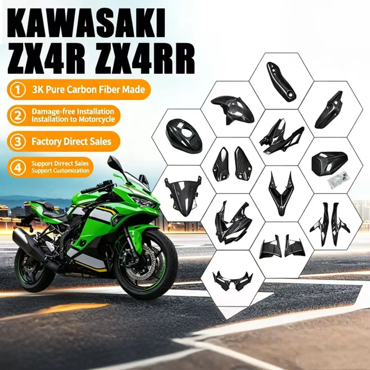 Applicable Kawasaki ZX25R ZX-4RR carbon fiber modification accessories, license plate underbody diffuser version fuel tank