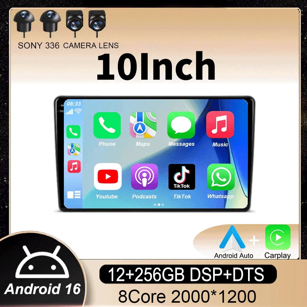Radio de coche universal todo en uno con pantalla QLED de 10 pulgadas, Android 16, DTS, 2000x1200, GPS para Volkswagen, Nissan, Hyundai, Kia, Toyota, Honda BT