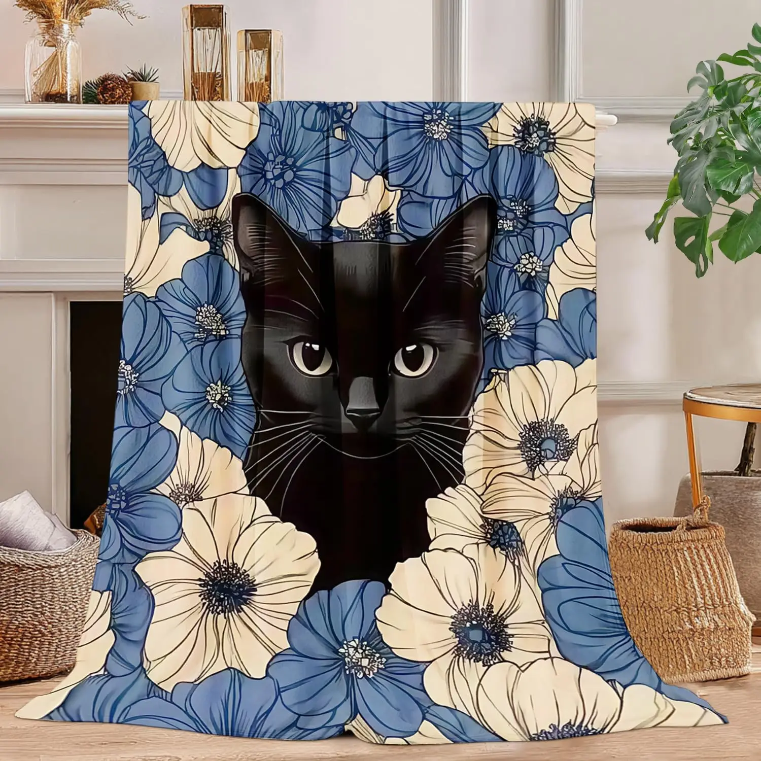 Stylish Black Cat Surrounded By Blue Cream Line Floral Art Print Soft Flannel Blanket for Bedroom Elegant Pet Warm Home Decor