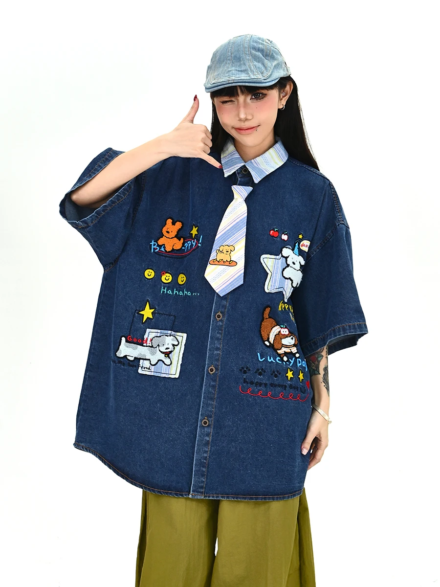 

Summer New Loose Women's Denim ort Sve irt Cartoon Embroidery Towel Tie Fem Faion Brand Top PMFIVEE 2026