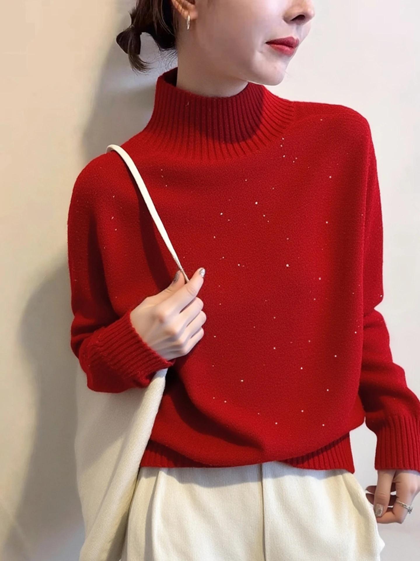

Faionable Red High Collar Long Sve Knitted Sweater Ele White Enhancing Versatile Autumn Winter Women's Top