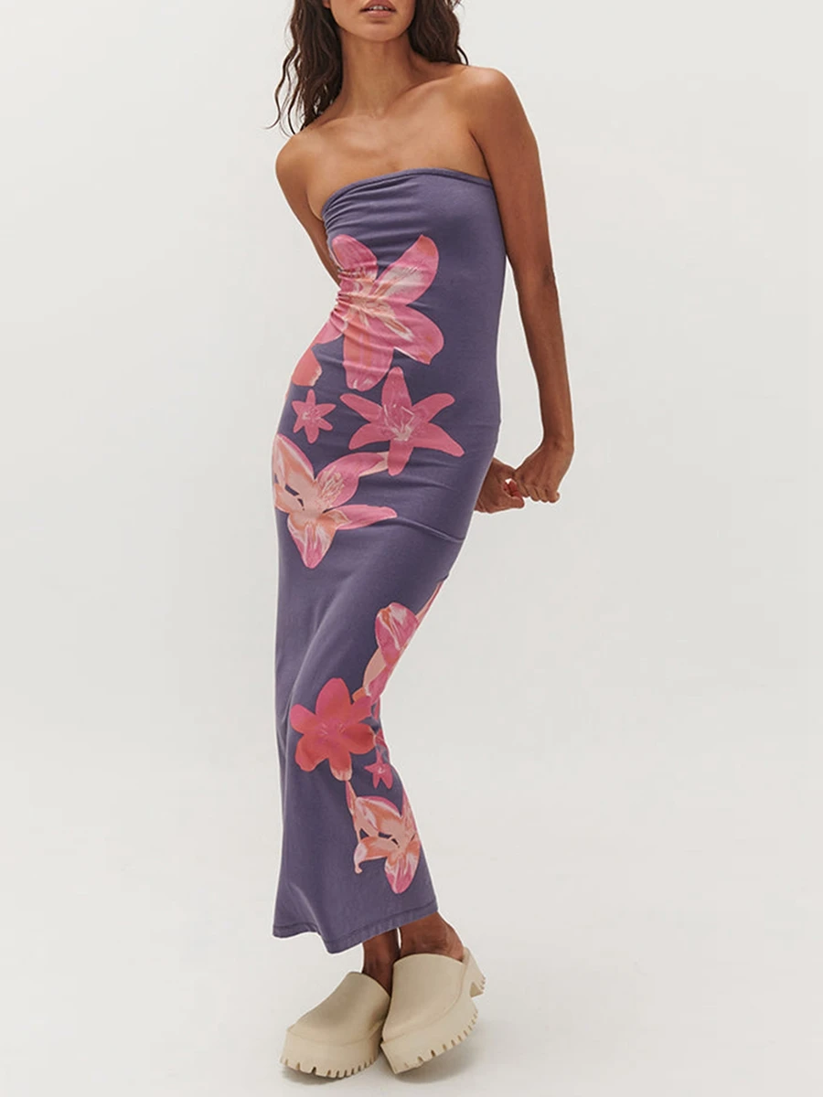 

Women Tube Dress, Elegant Strapless Backless Flower Dress Slim Summer Long Dress