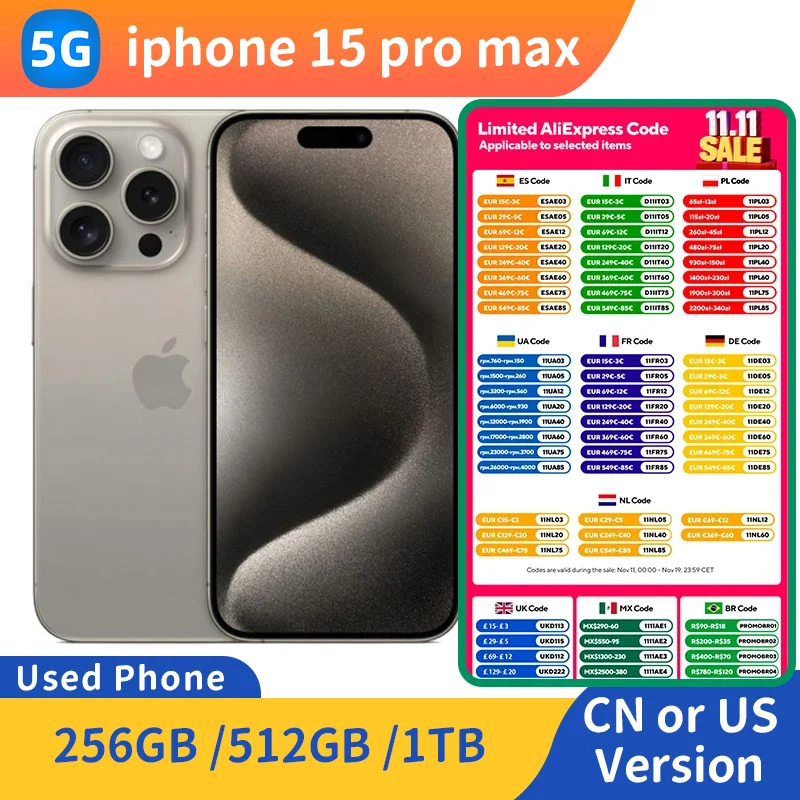 كاميرا Apple iphone 15 Pro Max 5G غير مقفلة 256GB/512GB/1T iOS 48MP كاميرا NFC 4422mAh هاتف مستعمل أصلي