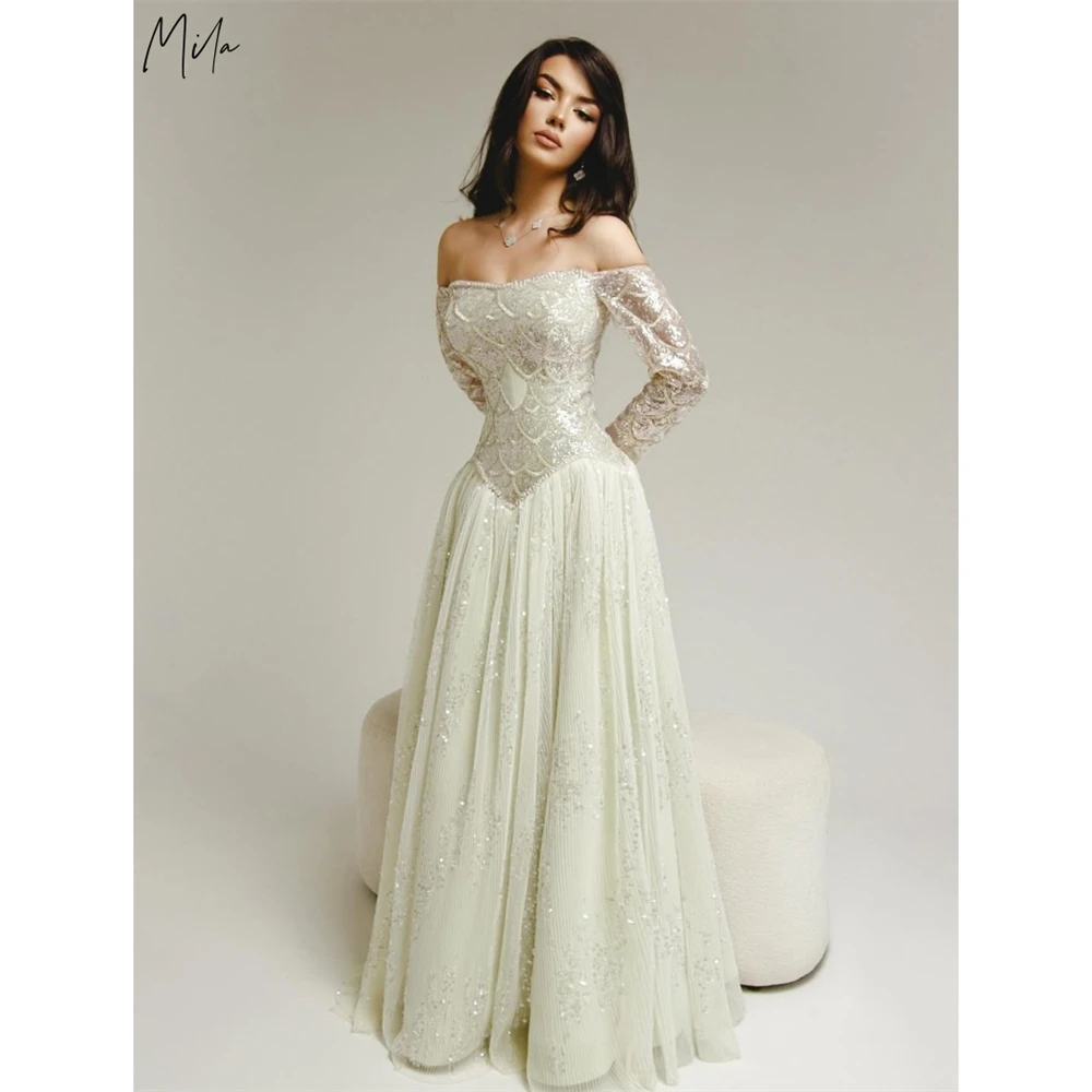 

Mila Customized Beige Off Shoulder A-line Shiny Sequins Prom Dress Long Sleeve Formal Evening Floor-length Vestidos De Fiesta