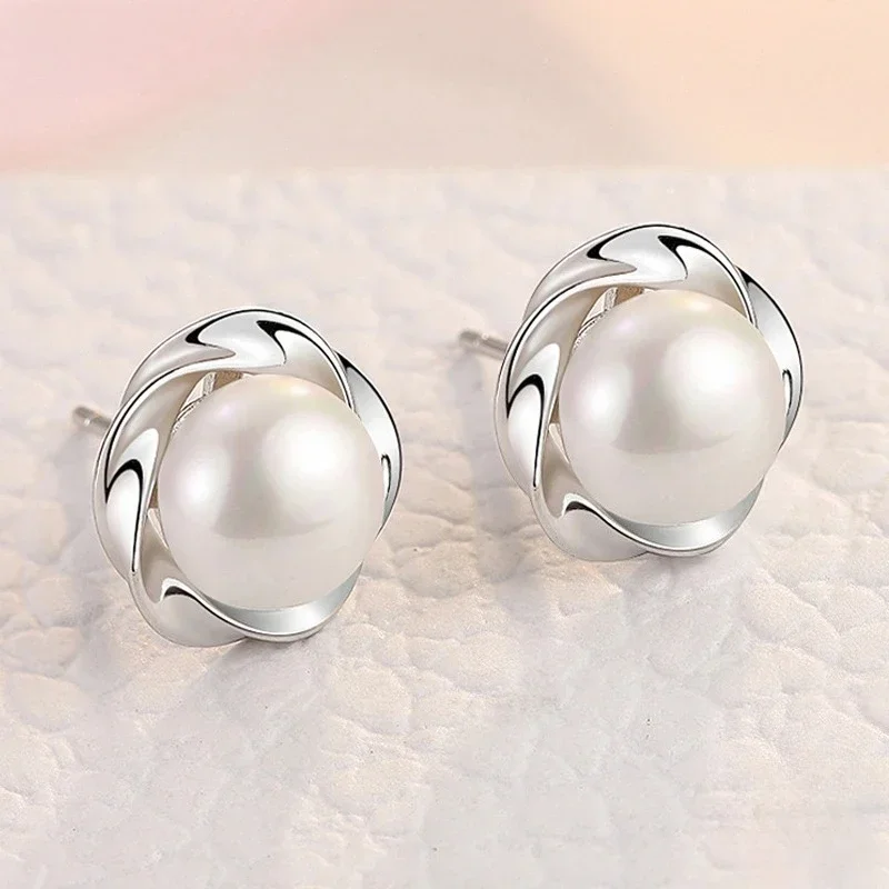 

925 Sterling Silver Charm Flower Pearl Stud Earring For Women Fashion Wedding Jewelry Party Gift