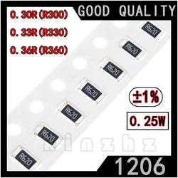 SMD 1206 Resistência Fixa Chip Resistor, 1% de alta precisão, impressão, R300, R330, R360, 0,25 W, 0,3Ω, 0,3R, 0,33R, 0,36R, 0,3ohm, 50pcs