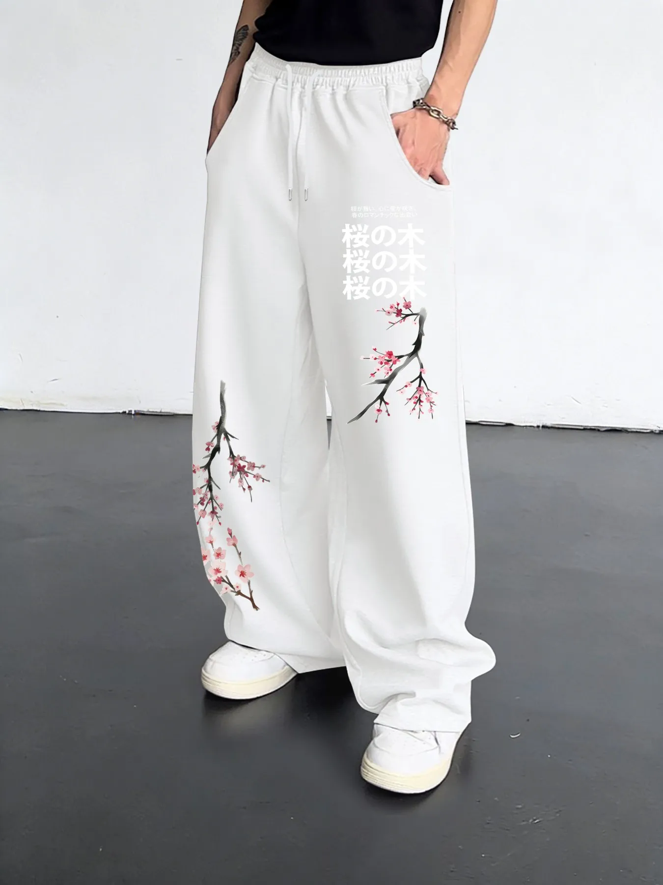 Herrenhose mit japanischem Kirschblüten-3D-Print, lässige Streetwear-Hose, lockere Damenhose im Harajuku-Stil – Detail 7