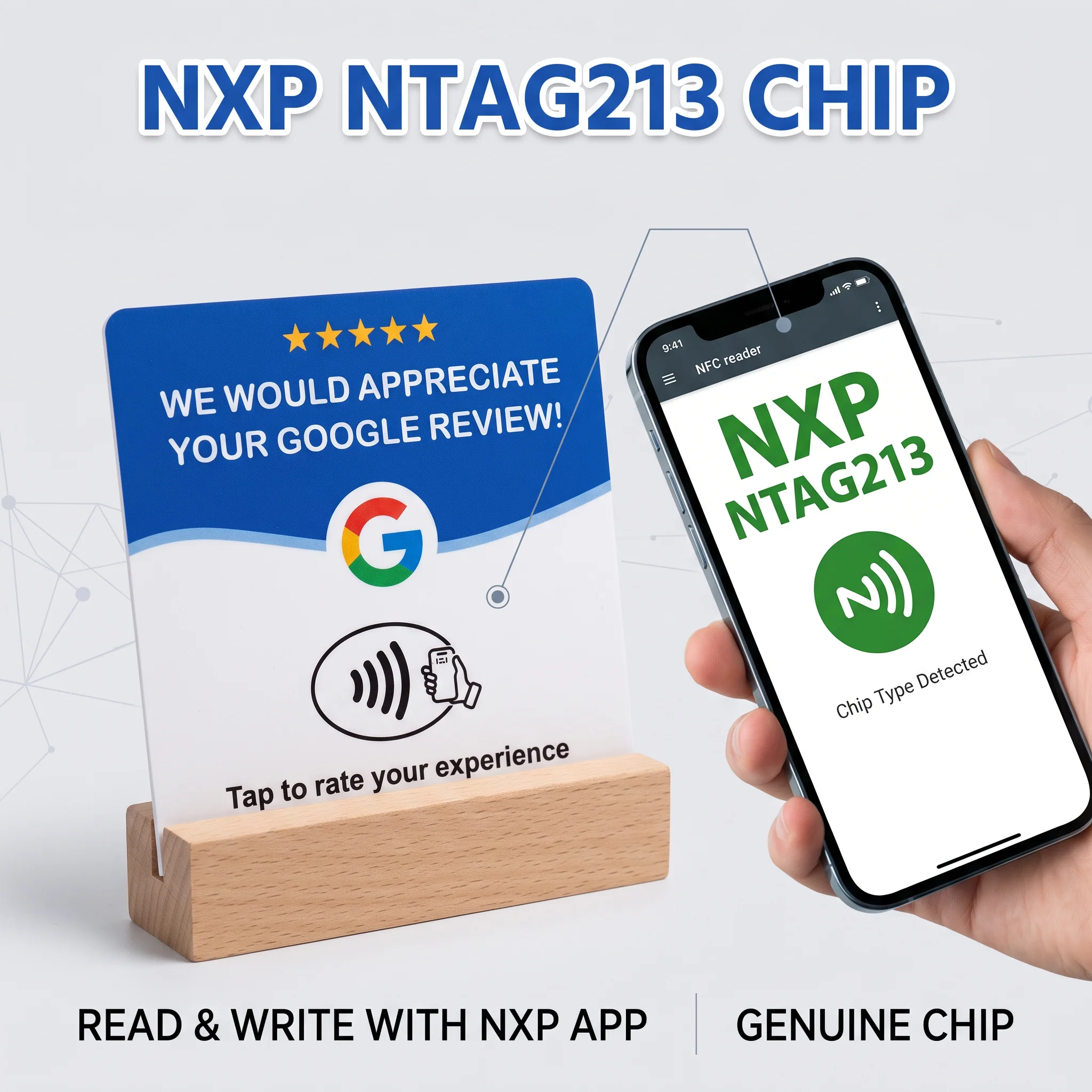 4-pack Acrylic NFC Google Review Card 12x12cm with Wooden Stand Tap to Leave 5-Star Review Sign for Tabletop Counter Display