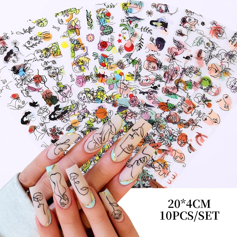 10Pcs/Set Nail Foils Abstract Image Face Blue French Tips Nail Transfer Paper Wraps Adhesive Decals Manicure Nail Decorations