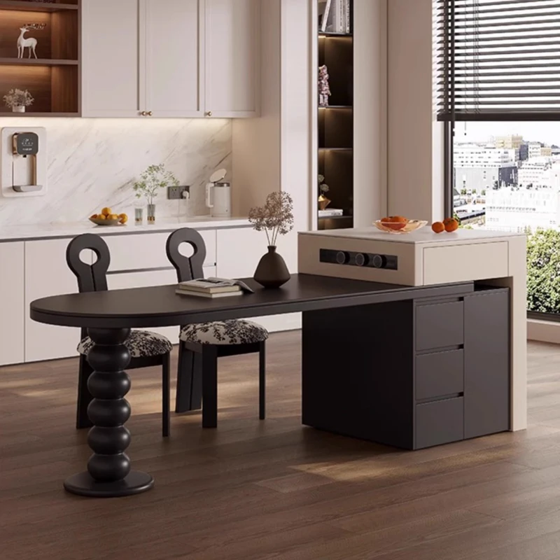 

French Vintage Black Quartz Kitchen Island Extendable Dining Table Multifunctional Curved Solid Wood Dining Room Furniture FYDT​