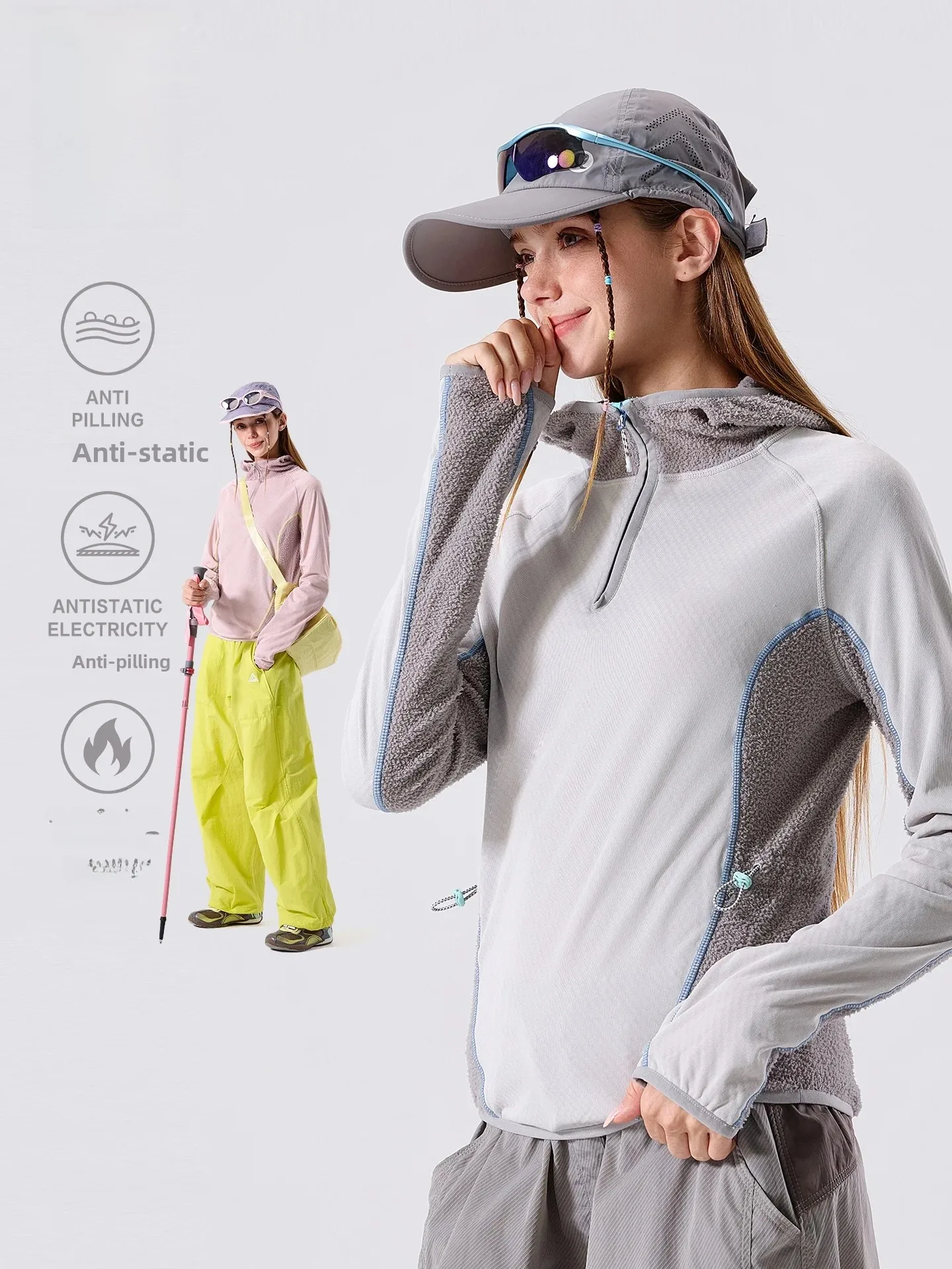 LAZY DAY Outdoor HUSS Line Zipper Hooded Long Sleeve T-Shirt Women's Loose Hiking Sports Top Polyester Fiber Anti-static Anti...
