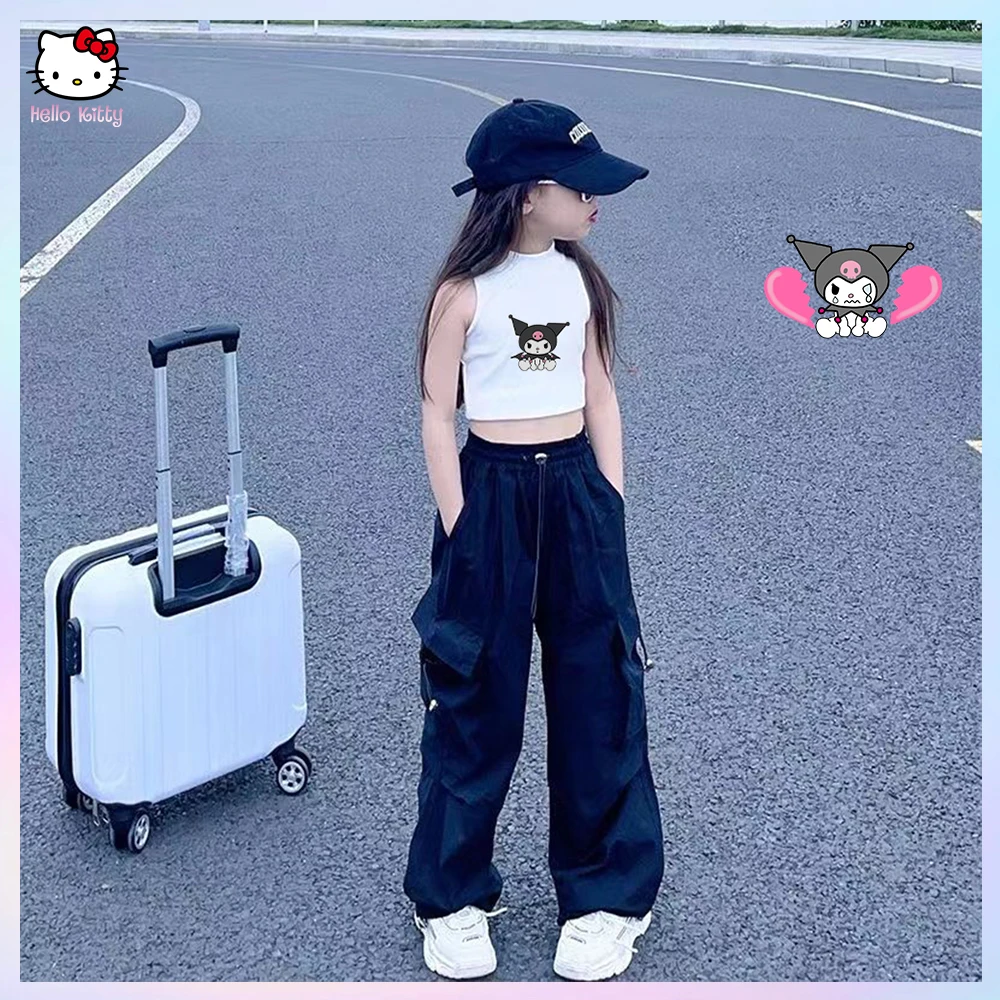 Anime Girl Pants Retro Workwear Sanrios Kuromi Casual Straight Trousers Fashion Wide Leg Joggers Trousers Y2K Student Streetwear