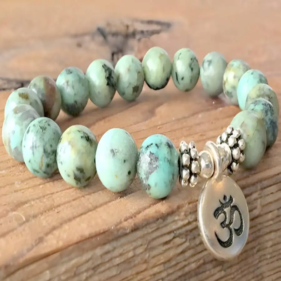 

8mm African Turquoise Bracelet 7.5 inches Sacred Zen Mala Women Buddhist Yoga Bodhi Bead Tibetan Buddha Men's elastic Prayer