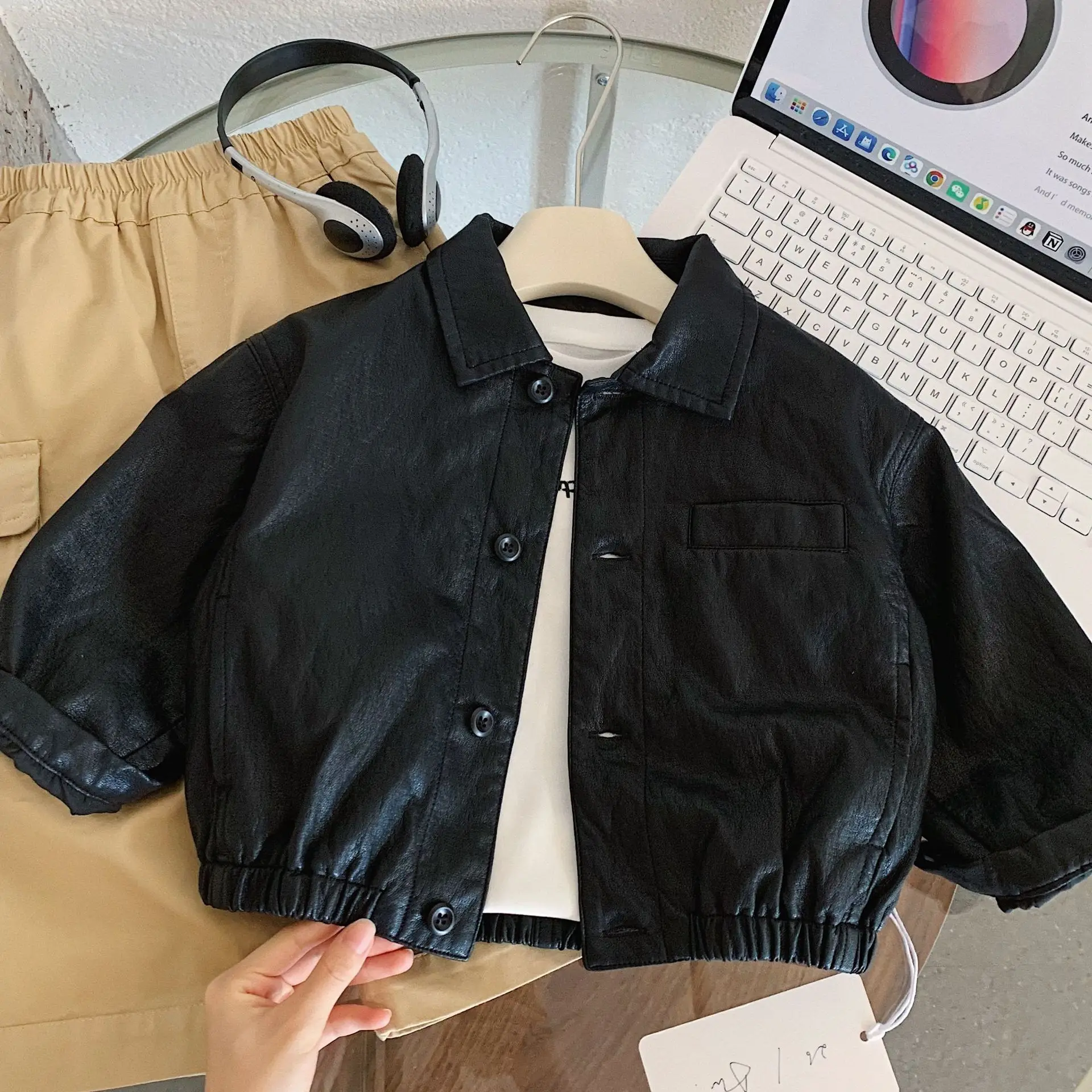 Children's Outerwear Coat 2026 Spring/Autumn New Item for Boys, Single Breasted Lapel Leather Jacket