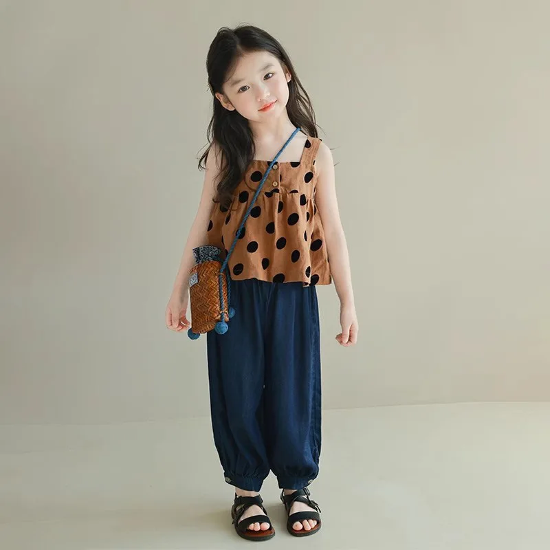 

Baby Girl Top Girls Flocking Polka Dot Halter Small Shirt 2024 Summer New Girl Personality Fashion Top Children Clothing