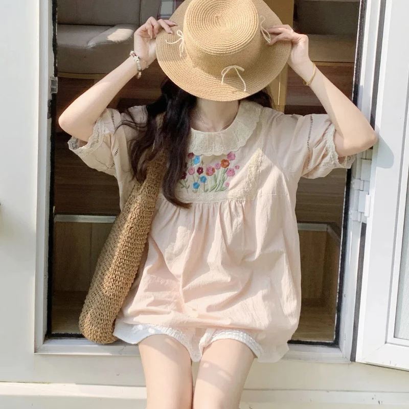 Vintage Preppy Style Summer 2024 Lolita New Patchwork Pullover O-Neck Lace Embroidery Fashion Loose Short Sleeve Blouses Shirts