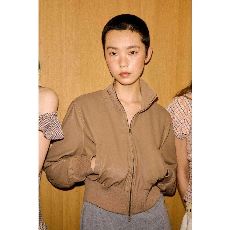 Solid Color Stand Collar Long Sleeve Jacket Ribbed Cuff Cropped Zip Up Bomber Flight Women Casual Streetwear Outerwear 260702