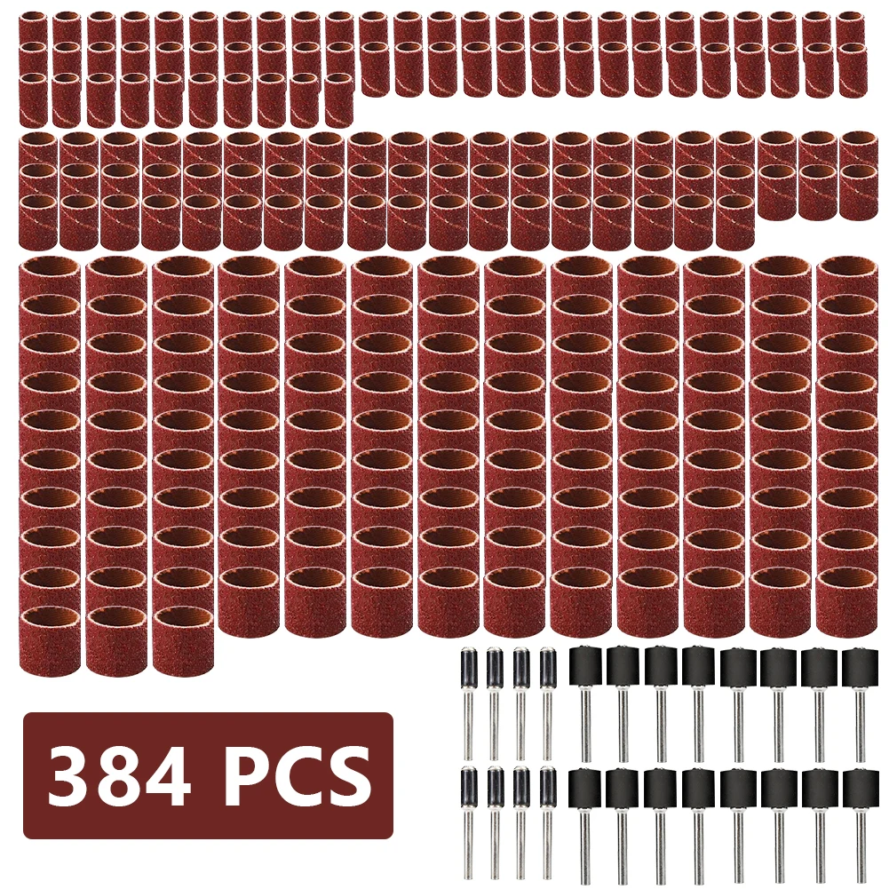 XCAN 384-teiliges Schleiftrommel-Set, Körnung 80/120/240/320/400/600, Schleifbänder mit Dorn für Dremel-Rotationswerkzeuge, Schleifwerkzeuge