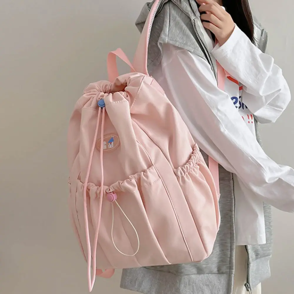 Solid Color Fresh Color Drawstring Backpack Nylon Large Capacity Students School Bag Travel Bag Korean Style Shoulder Bag Travel
