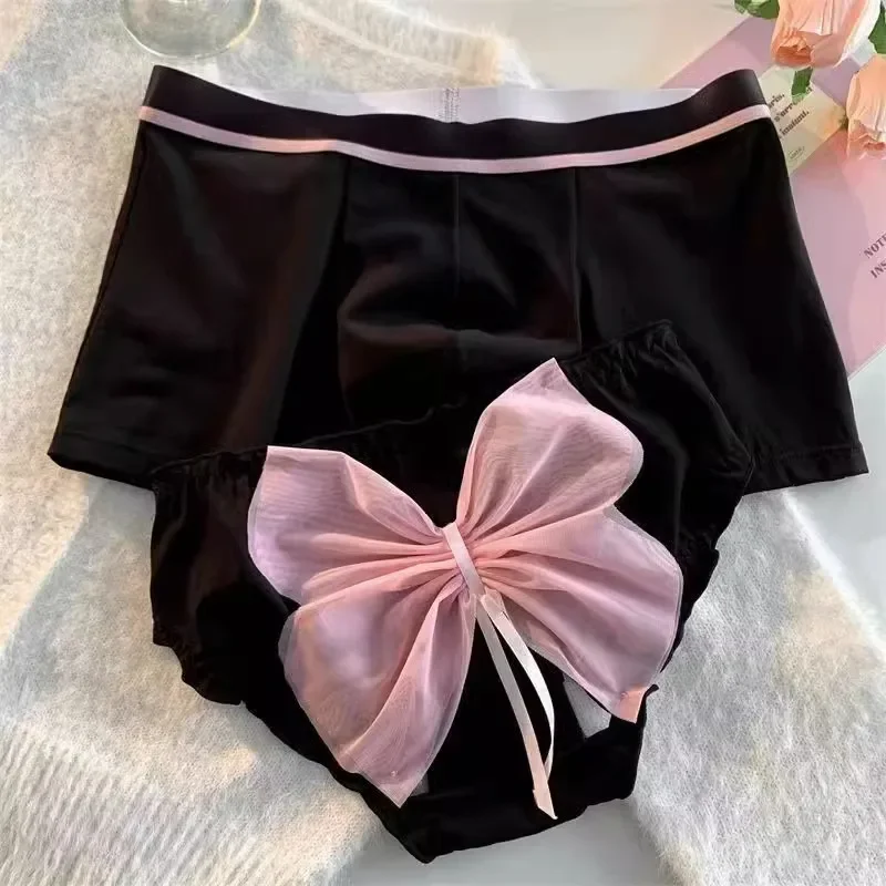 Black Panties for Girls Boys 2 PCS Set Sweet Bow Briefs Mens Boxers Sexy Cotton Elastic Tangas Couple Matching Lingerie Panties