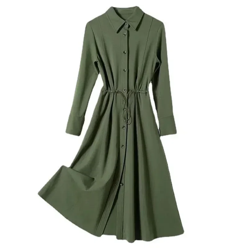Wiosna jesień Polo-neck eleganckie modne guziki koszula sukienka damska z długim rękawem ściągany sznurkiem w talii Vestidos kobiety solidna codzienna szata