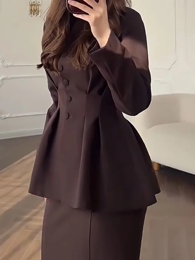 

Женская элегантная юбка с высокой талией, праздничный наряд, модный однотонный облегающий комплект из 2 предметов, новый осенний кардиган с воротником-стойкой и пуговицами