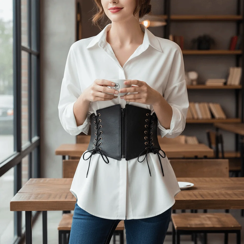 حزام خصر مرن على الموضة، أحزمة عريضة كلاسيكية متعددة الاستخدامات، حزام مشد من الجلد الصناعي، فستان قوطي