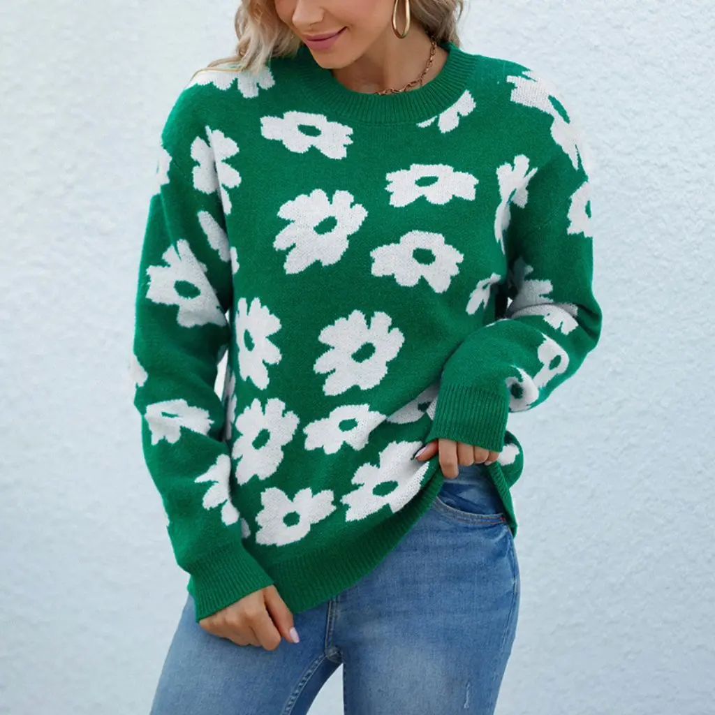 

Women's Loose Casual Long Sleeve Pullover Sweater round Neck Fashion Flower Print Independent Station Clothing