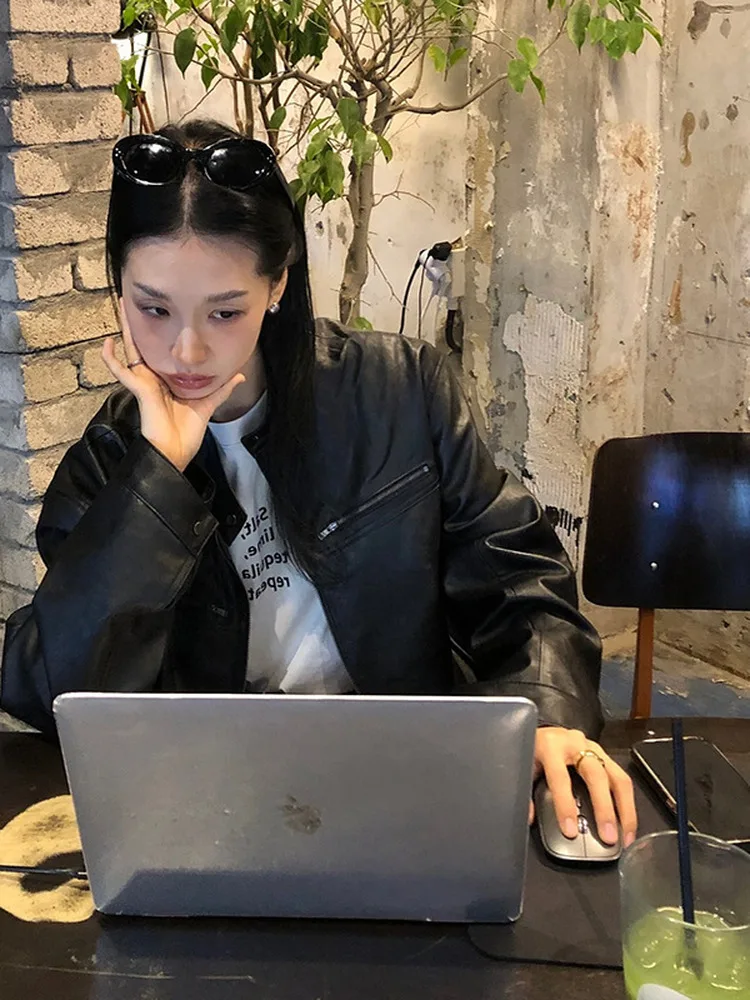 الشارع Sle فضفاض المرأة بلا الوقوف طوق السائق Jaet ريترو كول طويل Sve سستة بولي معطف معطف جلد الخريف Faion