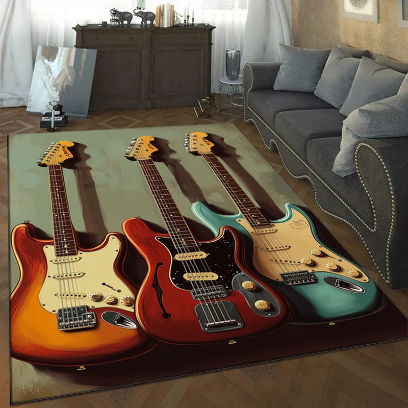 Vibrant Guitar Trio Area Rug for Music LoversElectric Guitars Design Carpet Perfect for Living Room or StudioMusical Instruments