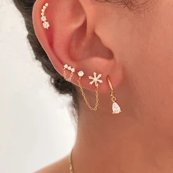 1Pair New Design Gold Color Flower Chain Stud Earrings for Women Stainless Steel Elegant Tassel Pendant Earring Fashion Jewelry