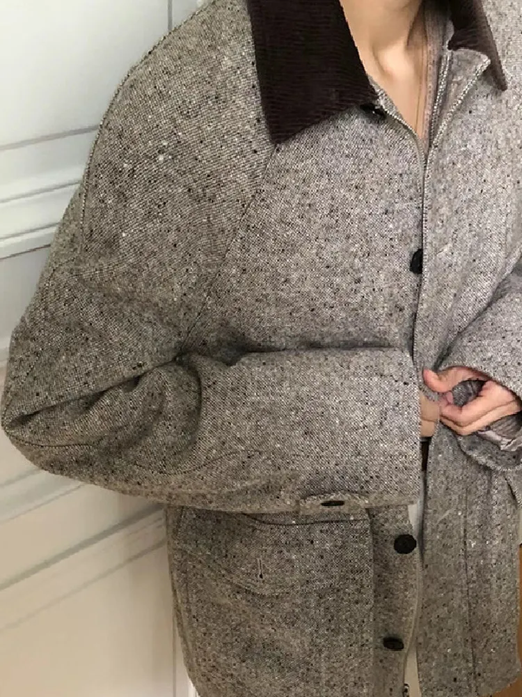 

East Gate Color Blo Woolen Coat Women's Vintage Loose Slimming Mid-Length eepskin Jaet Turn-down Collar Thi Winter Ou...