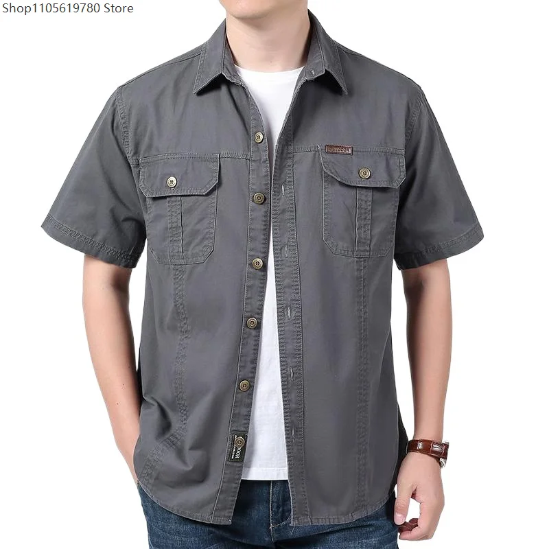 Adult Vintage Outdoor‑Style Cotton Short‑Sleeve Button Shirt With Flap Pockets Hiking Fishing Casual Tops Holiday Cosplay Prop