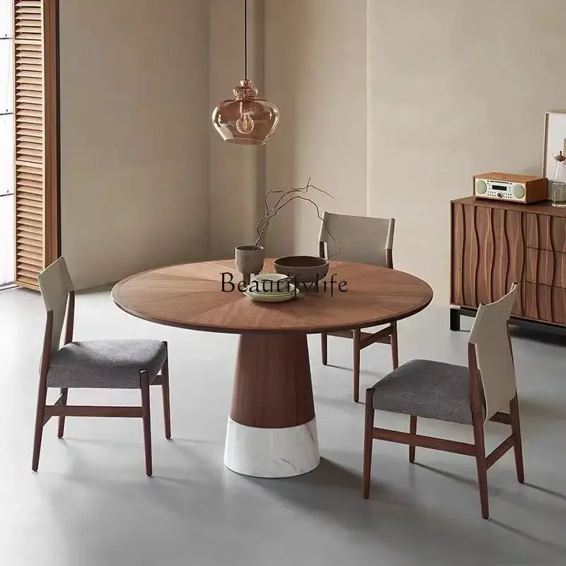 

ls 18Nordic solid wood marble dining table with turntable household living room walnut high-end new Chinese style
