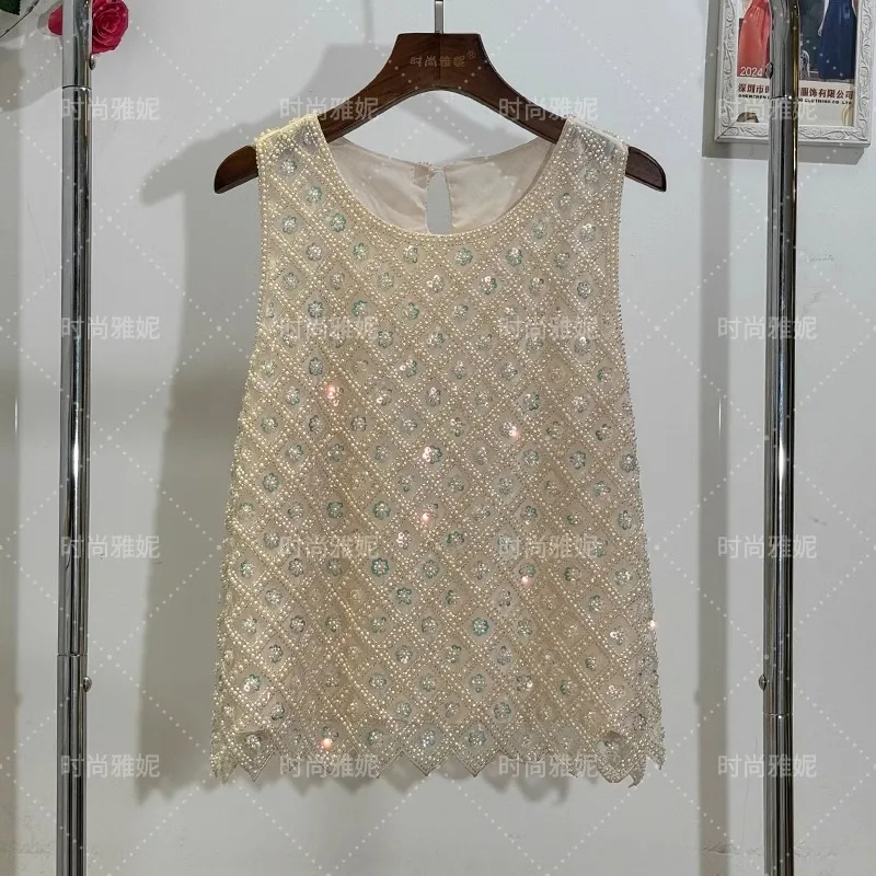 2024 Summer New Sleeveless Top Tank Popular Heavy Industry Skirt Sequined Pearl Beaded Vest For Women's Clothes Y2k Camisoles