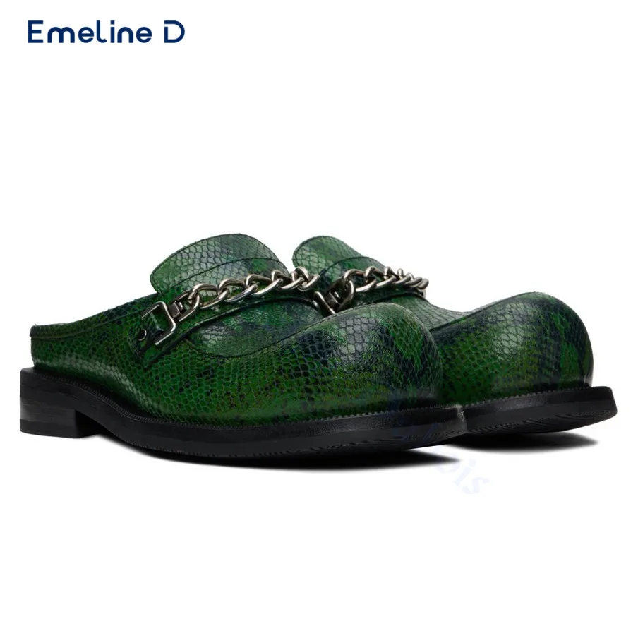 Green Snake Pattern Big Toe Slippers Hardware Chain Decorated Sandals Fashion Designer Pull-On Closed Toe Slippers Men's Shoes