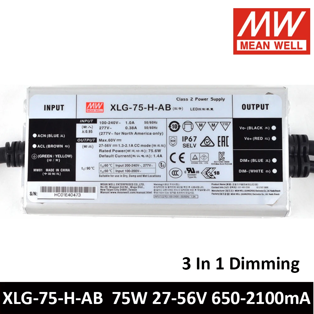 Mean Well XLG-75 12V 24V 27-56V 700mA 1400mA 75W Switching Power Supply IP67 LED Driver XLG-75-H-AB For Bay/Stage/Plant Light