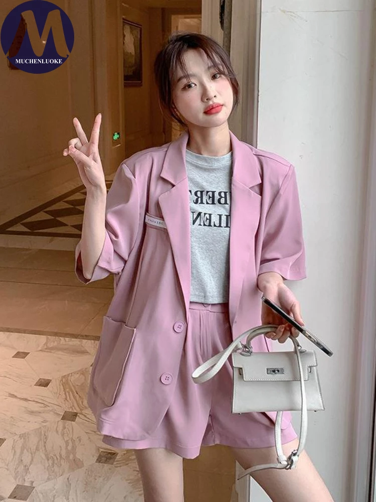 

Women's Short Sleeve Office Blazers Coats Set, Casual Loose Shorts Suits, Korean Fashion, Summer, New, 2 Pieces, 2024